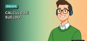 Ilustración vectorial plana de un trabajador masculino moderno con suéter verde, sobre un fondo degradado azul y turquesa, representando el cálculo del sueldo líquido en Chile.