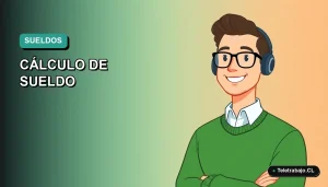 Ilustración vectorial plana de un trabajador masculino moderno con suéter verde, sobre un fondo degradado azul y turquesa, representando el cálculo del sueldo líquido en Chile.