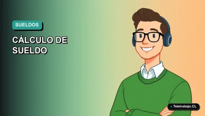 Ilustración vectorial plana de un trabajador masculino moderno con suéter verde, sobre un fondo degradado azul y turquesa, representando el cálculo del sueldo líquido en Chile.