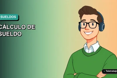 Ilustración vectorial plana de un trabajador masculino moderno con suéter verde, sobre un fondo degradado azul y turquesa, representando el cálculo del sueldo líquido en Chile.