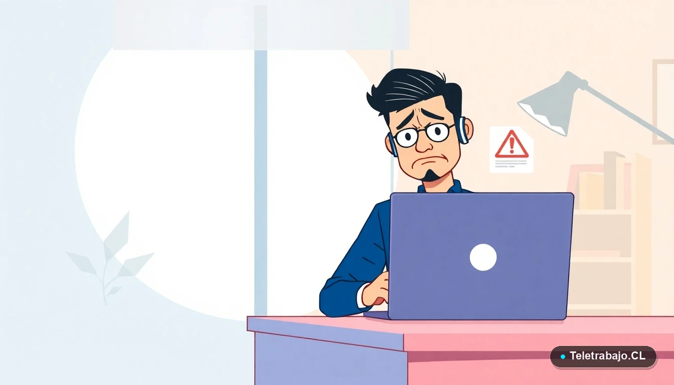 Profesional frustrado revisando un documento legal de teletrabajo en su laptop.