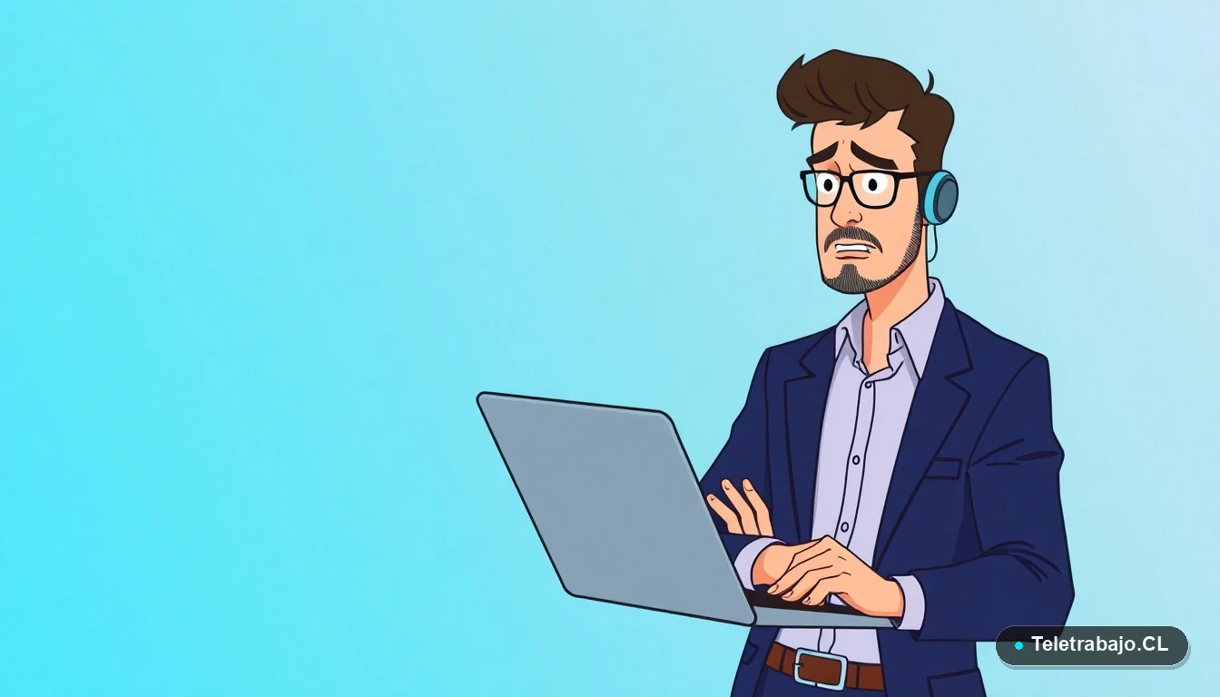 Profesional frustrado frente a error de automatización en Outlook, ilustración plana estilo corporativo.