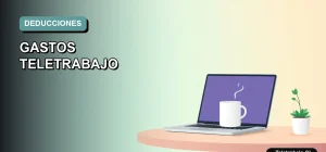 Ilustración vectorial plana de estilo premium que muestra un escritorio moderno para teletrabajo con laptop, taza de café y planta, sobre un fondo con degradado suave de color verde azulado.