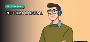 Ilustración vectorial plana y moderna en estilo Corporate Memphis de un trabajador masculino de teletrabajo, con fondo degradado de color verde azulado, representando el análisis de la cláusula de teletrabajo en la reforma laboral 2026.