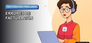 Ilustración vectorial plana corporativa de una mujer profesional freelance revisando una factura en su laptop. Fondo con gradiente azul y morado.