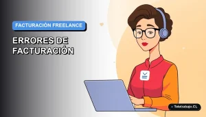 Ilustración vectorial plana corporativa de una mujer profesional freelance revisando una factura en su laptop. Fondo con gradiente azul y morado.