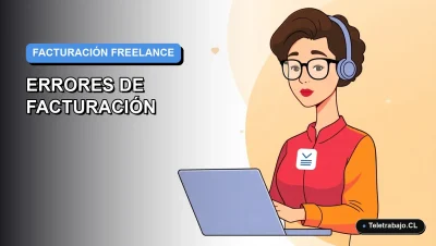 Ilustración vectorial plana corporativa de una mujer profesional freelance revisando una factura en su laptop. Fondo con gradiente azul y morado.