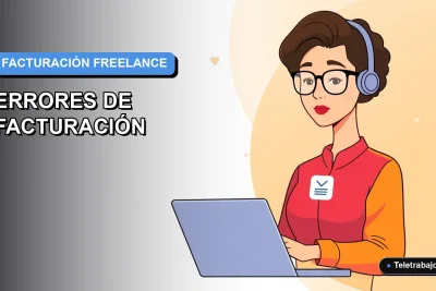Ilustración vectorial plana corporativa de una mujer profesional freelance revisando una factura en su laptop. Fondo con gradiente azul y morado.