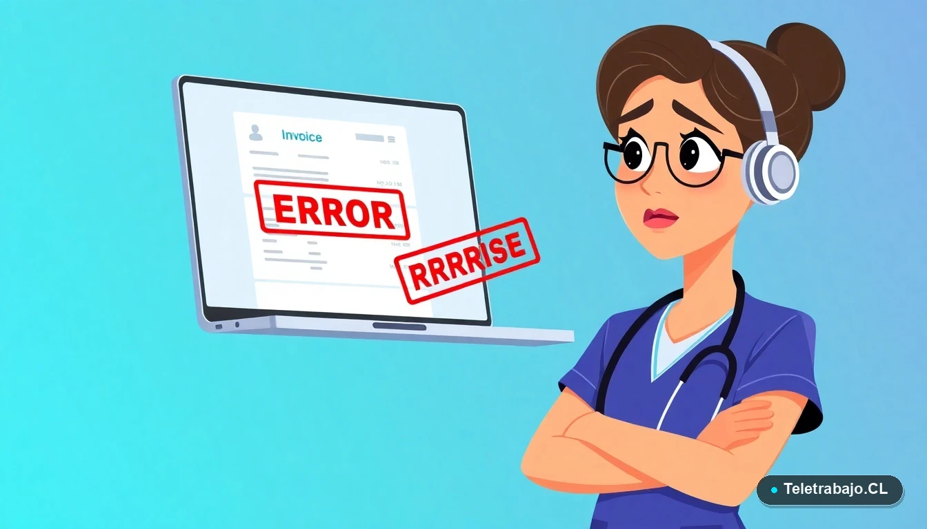 Enfermera freelance revisando un error en una factura internacional en su laptop.