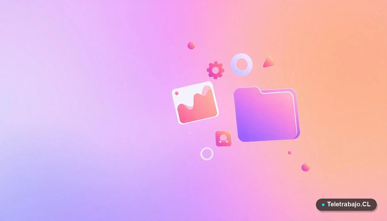 Ilustración abstracta de interfaz de usuario tecnológica con gráficos flotantes, un engranaje y carpetas estilizadas en colores lavanda y durazno.