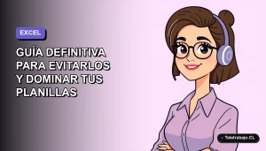 Ilustración plana corporativa de mujer profesional de tecnología remota con expresión de confianza, fondo degradado lavanda suave. Guía definitiva para evitar errores en Excel 2026.