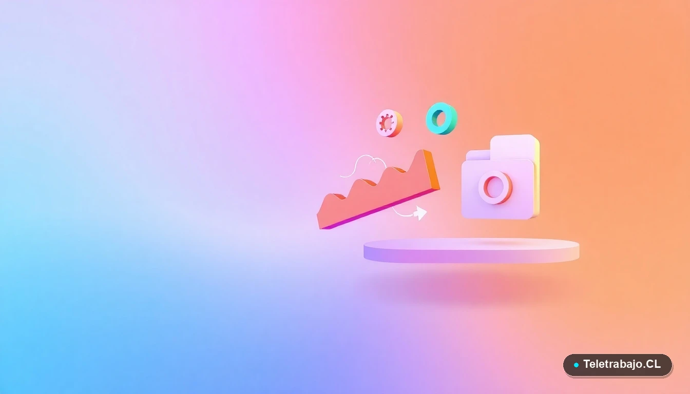 Elementos de interfaz de usuario abstractos y modernos: gráficos flotantes, un engranaje y una carpeta estilizada, sobre un fondo degradado color melocotón. Concepto de tecnología y datos para artículos de Excel.