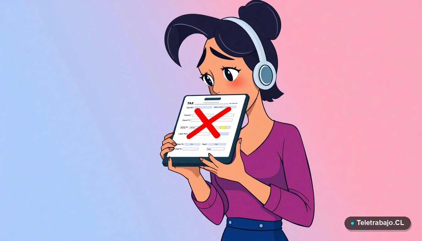 Mujer autónoma en Chile revisando un error en una declaración de impuestos con preocupación