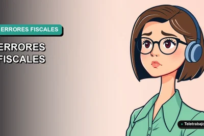 Ilustración plana corporativa de una mujer profesional en teletrabajo, con fondo degradado azul verdoso, representando conceptos de impuestos y SII.