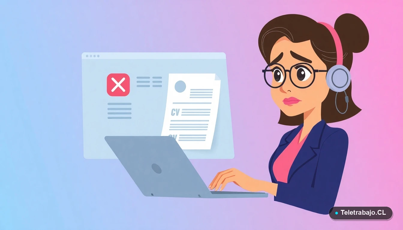 Mujer profesional frustrada revisando errores en su currículum para teletrabajo en Chile