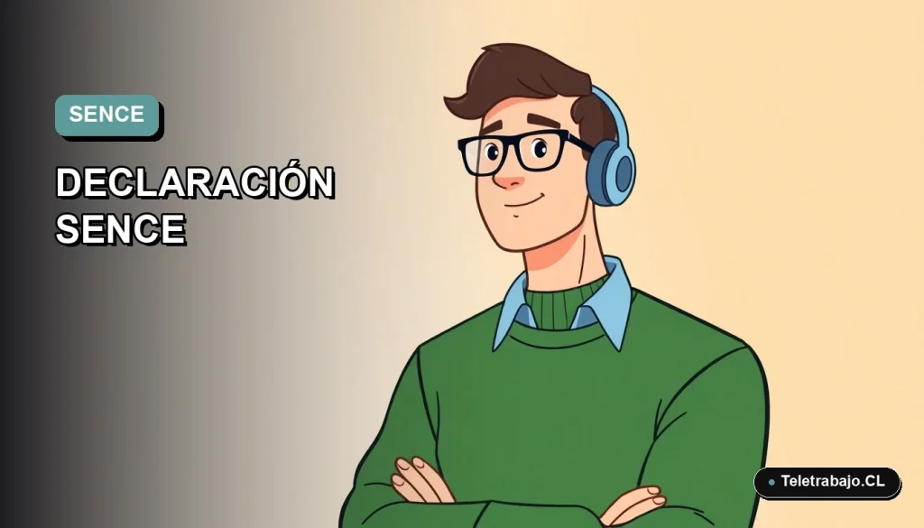 Ilustración vectorial plana corporativa de un trabajador masculino revisando una declaración de envíos SENCE en su laptop. Fondo con gradiente suave de color teal.