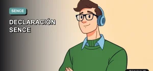 Ilustración vectorial plana corporativa de un trabajador masculino revisando una declaración de envíos SENCE en su laptop. Fondo con gradiente suave de color teal.