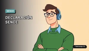 Ilustración vectorial plana corporativa de un trabajador masculino revisando una declaración de envíos SENCE en su laptop. Fondo con gradiente suave de color teal.