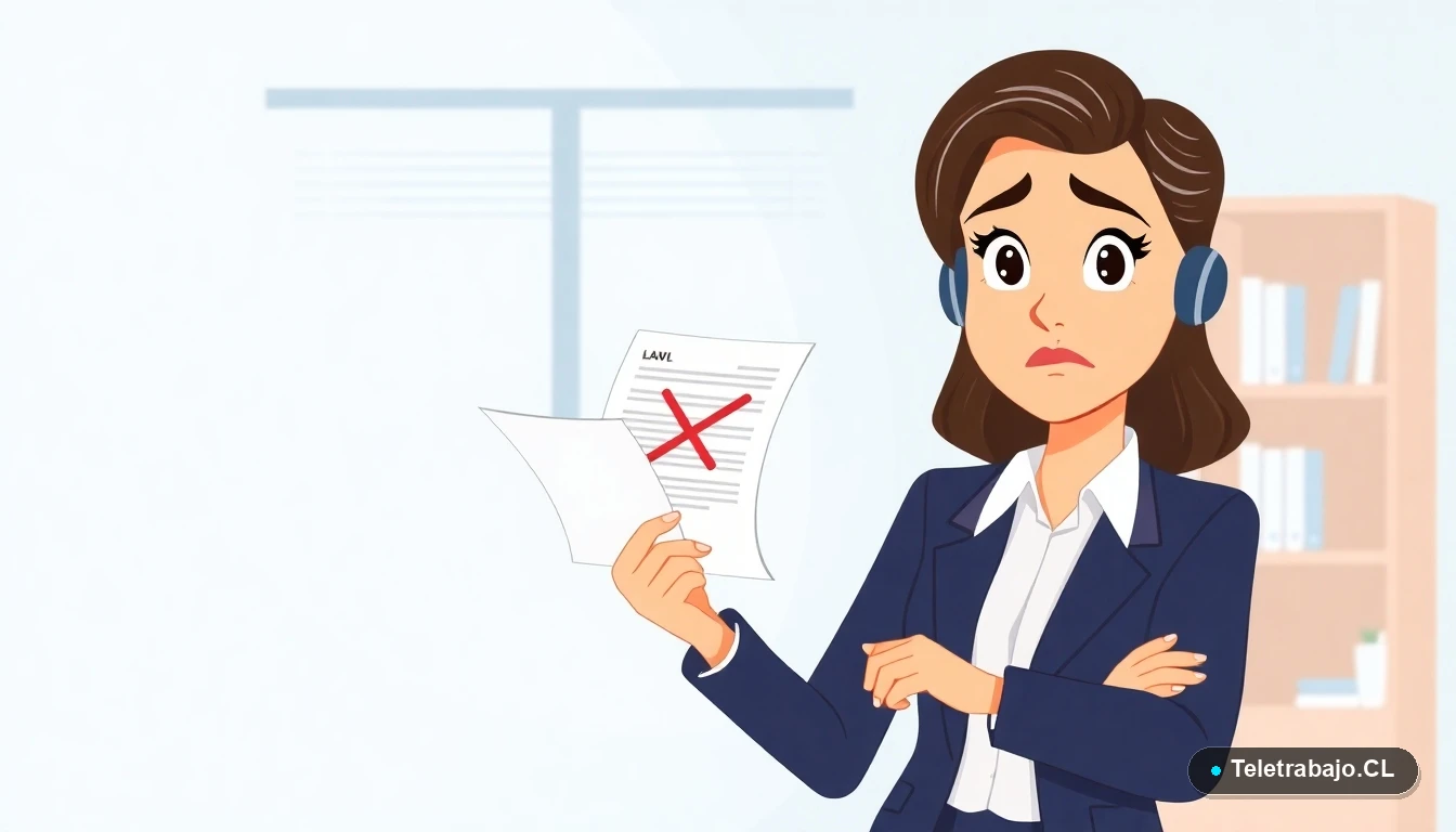 Mujer profesional revisando un documento legal con error en teletrabajo, estilo ilustración plana.