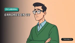 Ilustración vectorial plana de estilo Corporate Memphis de un trabajador masculino de teletrabajo con expresión de preocupación, sobre un fondo degradado de color verde azulado. Representa los riesgos legales de un currículum mal elaborado en Chile.