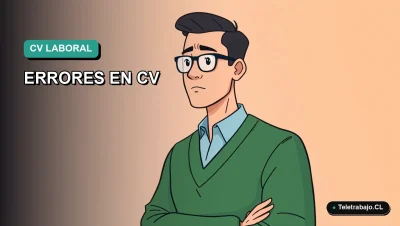 Ilustración vectorial plana de estilo Corporate Memphis de un trabajador masculino de teletrabajo con expresión de preocupación, sobre un fondo degradado de color verde azulado. Representa los riesgos legales de un currículum mal elaborado en Chile.