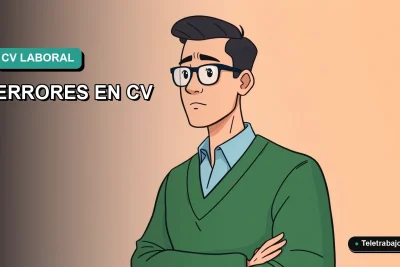 Ilustración vectorial plana de estilo Corporate Memphis de un trabajador masculino de teletrabajo con expresión de preocupación, sobre un fondo degradado de color verde azulado. Representa los riesgos legales de un currículum mal elaborado en Chile.