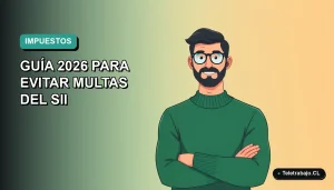 Ilustración vectorial plana de un trabajador remoto masculino con suéter verde y anteojos, sobre un fondo degradado azul verdoso, representando la declaración de impuestos en Chile.