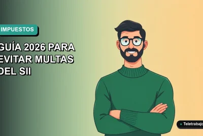 Ilustración vectorial plana de un trabajador remoto masculino con suéter verde y anteojos, sobre un fondo degradado azul verdoso, representando la declaración de impuestos en Chile.