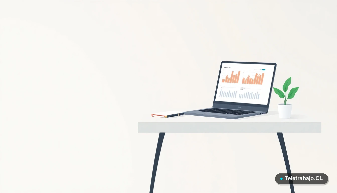 Escritorio moderno minimalista con laptop mostrando gráficos, cuaderno y planta, sobre fondo degradado, concepto de declaración de impuestos y finanzas personales.