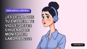 Ilustración vectorial plana de una trabajadora remota con blusa azul y pelo recogido, sobre un fondo degradado lila suave. Concepto de monitoreo laboral en Chile.