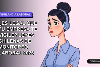 Ilustración vectorial plana de una trabajadora remota con blusa azul y pelo recogido, sobre un fondo degradado lila suave. Concepto de monitoreo laboral en Chile.