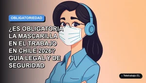 Ilustración plana corporativa de una trabajadora de oficina con mascarilla, sobre fondo degradado azul y blanco, representando la guía legal de uso de mascarillas en el trabajo en Chile 2026.