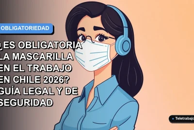 Ilustración plana corporativa de una trabajadora de oficina con mascarilla, sobre fondo degradado azul y blanco, representando la guía legal de uso de mascarillas en el trabajo en Chile 2026.