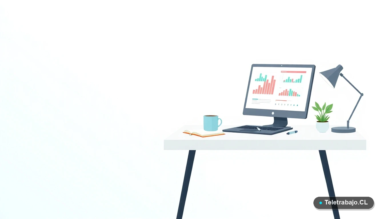 Escritorio moderno minimalista con laptop, gráficos abstractos, taza de café y planta, sobre fondo degradado verde menta, concepto de espacio de trabajo seguro y regulado.