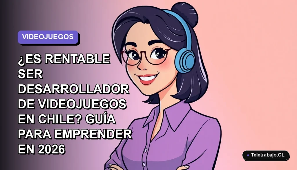 Ilustración vectorial plana de una desarrolladora de videojuegos chilena sonriente, con fondo degradado lavanda y espacio negativo. Estilo Corporativo Memphis.