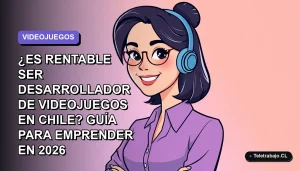 Ilustración vectorial plana de una desarrolladora de videojuegos chilena sonriente, con fondo degradado lavanda y espacio negativo. Estilo Corporativo Memphis.