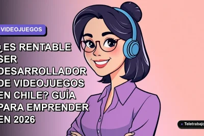 Ilustración vectorial plana de una desarrolladora de videojuegos chilena sonriente, con fondo degradado lavanda y espacio negativo. Estilo Corporativo Memphis.