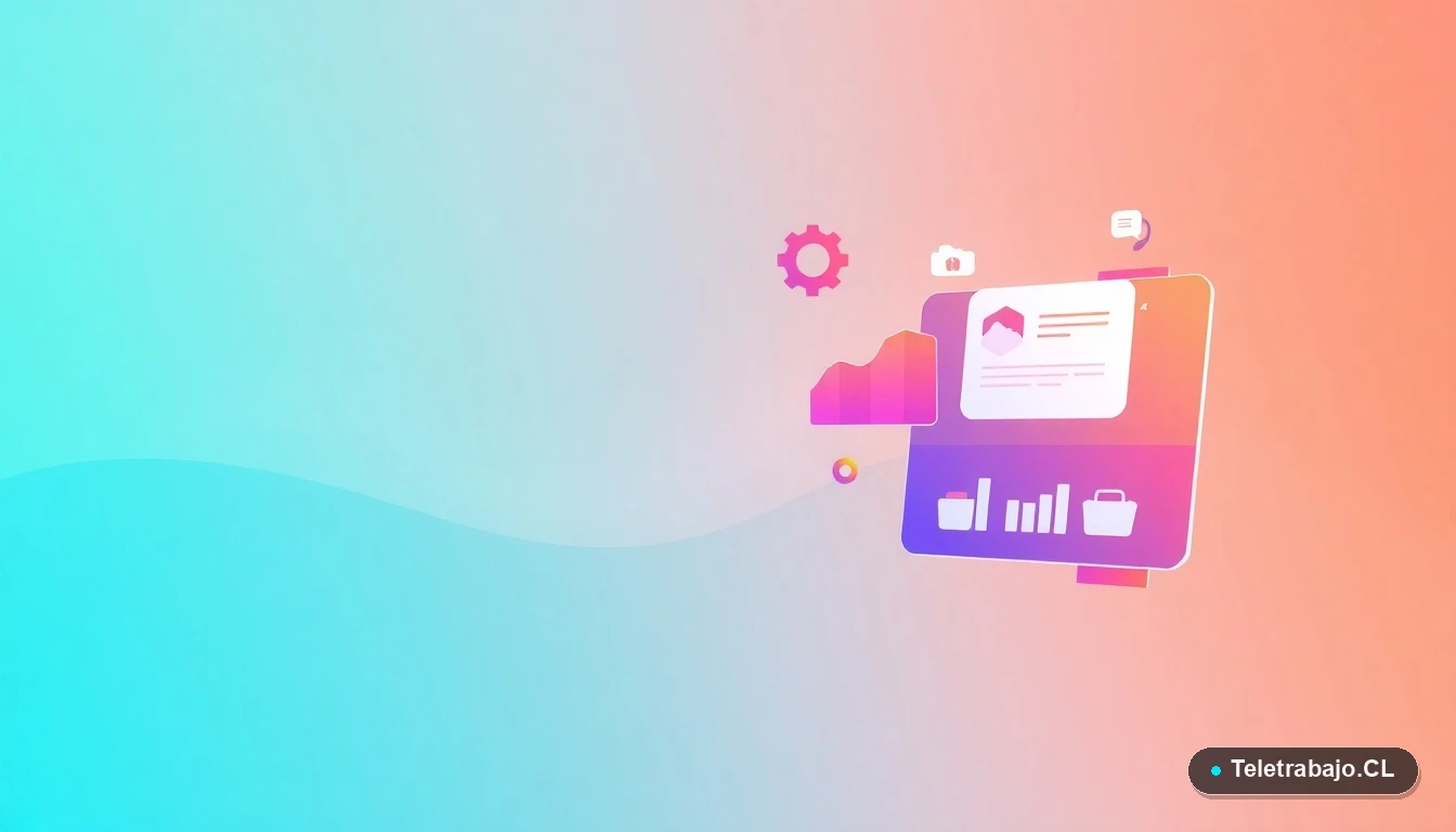 Interfaz de usuario abstracta con gráficos y elementos de tecnología flotantes, sobre fondo degradado azul verdoso. Ilustración vectorial minimalista.