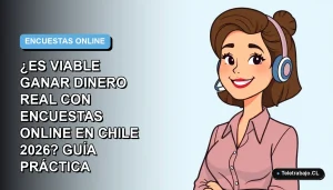 Ilustración vectorial plana de una mujer profesional chilena trabajando remotamente, sonriendo frente a un fondo degradado azul, representando la viabilidad de ganar dinero con encuestas online en 2026.