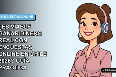 Ilustración vectorial plana de una mujer profesional chilena trabajando remotamente, sonriendo frente a un fondo degradado azul, representando la viabilidad de ganar dinero con encuestas online en 2026.
