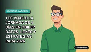 Ilustración vectorial plana de un trabajador masculino de tecnología, con suéter verde, mirando optimista hacia la izquierda, sobre un fondo degradado azul verdoso. Concepto de productividad y jornada laboral de 4 días en Chile.