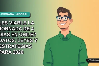 Ilustración vectorial plana de un trabajador masculino de tecnología, con suéter verde, mirando optimista hacia la izquierda, sobre un fondo degradado azul verdoso. Concepto de productividad y jornada laboral de 4 días en Chile.