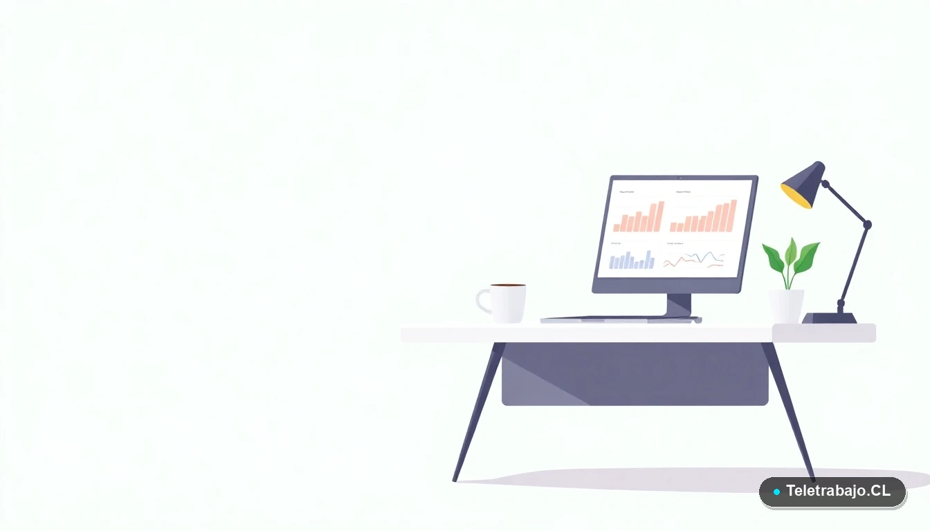 Escritorio moderno y minimalista con laptop, gráficos abstractos en pantalla, taza de café y una planta. Fondo degradado color menta. Representa un espacio de trabajo optimizado y productivo para la jornada de 4 días.