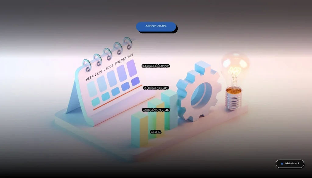 Ilustración corporativa abstracta sobre la viabilidad de la jornada laboral de cuatro días en España, con elementos de negocios y gráficos.