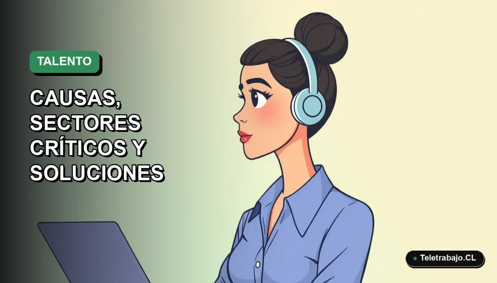 Ilustración vectorial plana de una mujer profesional chilena con blusa azul y pelo recogido, mirando a la cámara con expresión pensativa, sobre un fondo degradado verde suave y vacío.