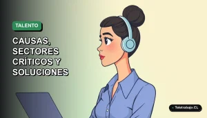 Ilustración vectorial plana de una mujer profesional chilena con blusa azul y pelo recogido, mirando a la cámara con expresión pensativa, sobre un fondo degradado verde suave y vacío.