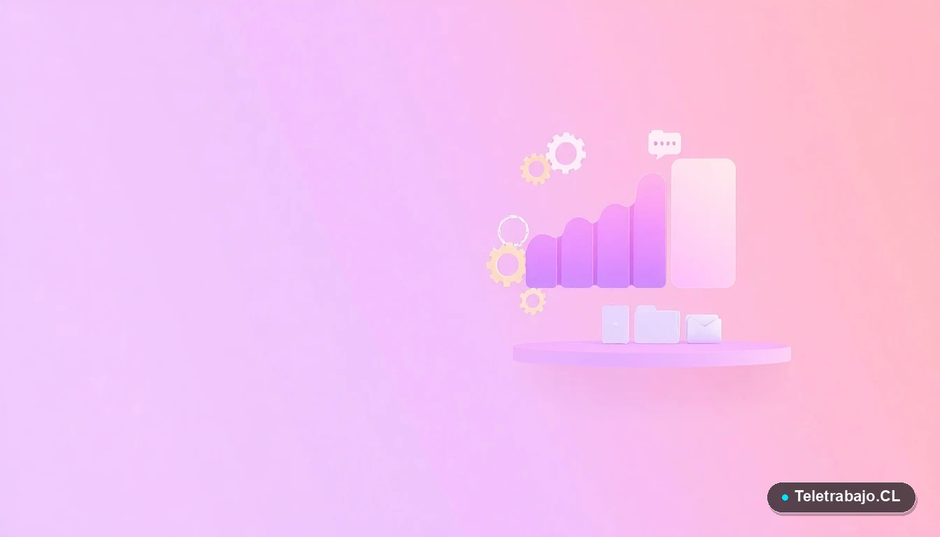 Elementos de interfaz de usuario abstractos y coloridos, como gráficos y engranajes flotantes, representando datos y soluciones tecnológicas para la escasez de talento.