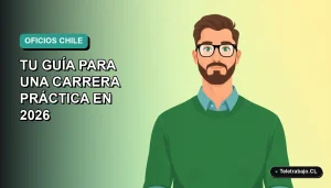Ilustración plana de un trabajador masculino de oficina con suéter verde, sobre un fondo degradado azul y verde, representando las Escuelas Taller en Chile.