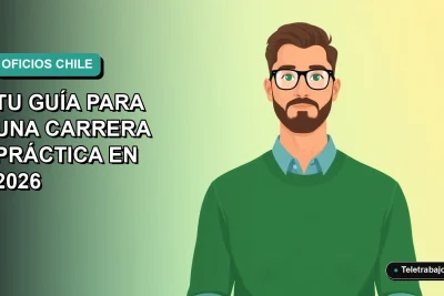 Ilustración plana de un trabajador masculino de oficina con suéter verde, sobre un fondo degradado azul y verde, representando las Escuelas Taller en Chile.