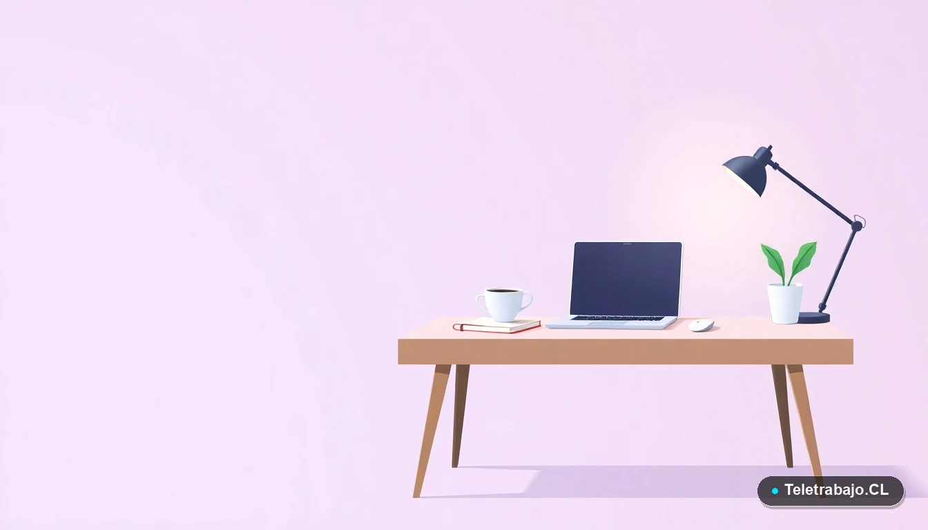 Escritorio moderno minimalista con laptop, cuaderno y taza de café, sobre fondo degradado lila, representando un espacio de estudio y trabajo para formación técnica.